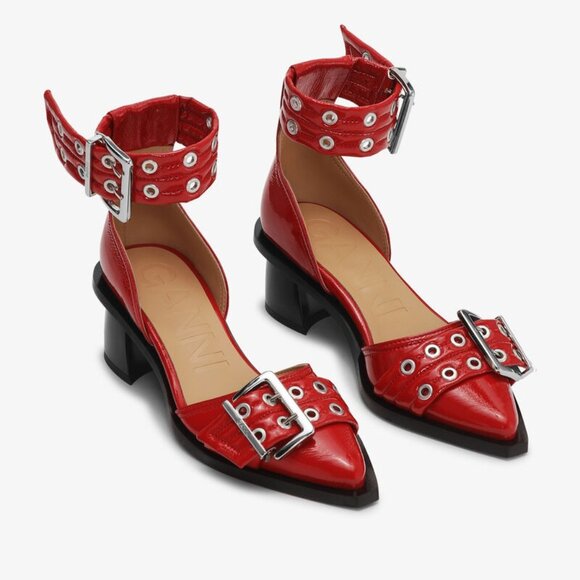 Like new Ganni Feminine Buckle Open Cut Pump Racing Red leather block heel - Picture 9 of 10